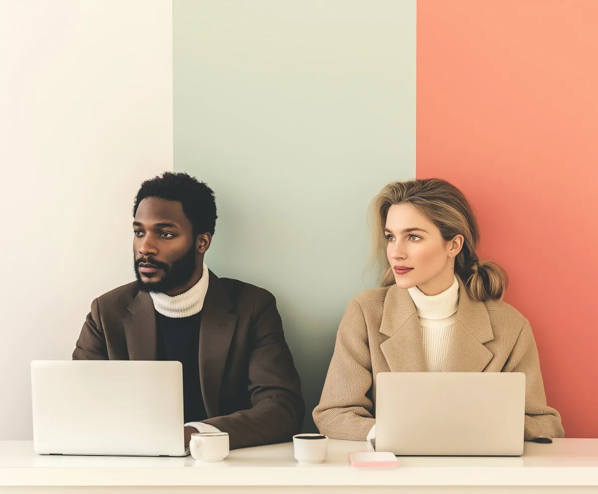 Two colleagues in turtlenecks at a white desk with laptops, in front of a striped wall