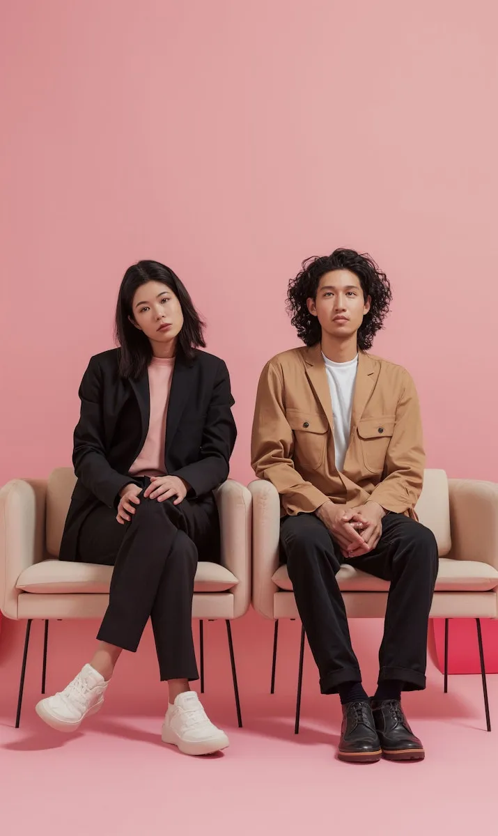 Two people sitting on cream armchairs against a pink backdrop
