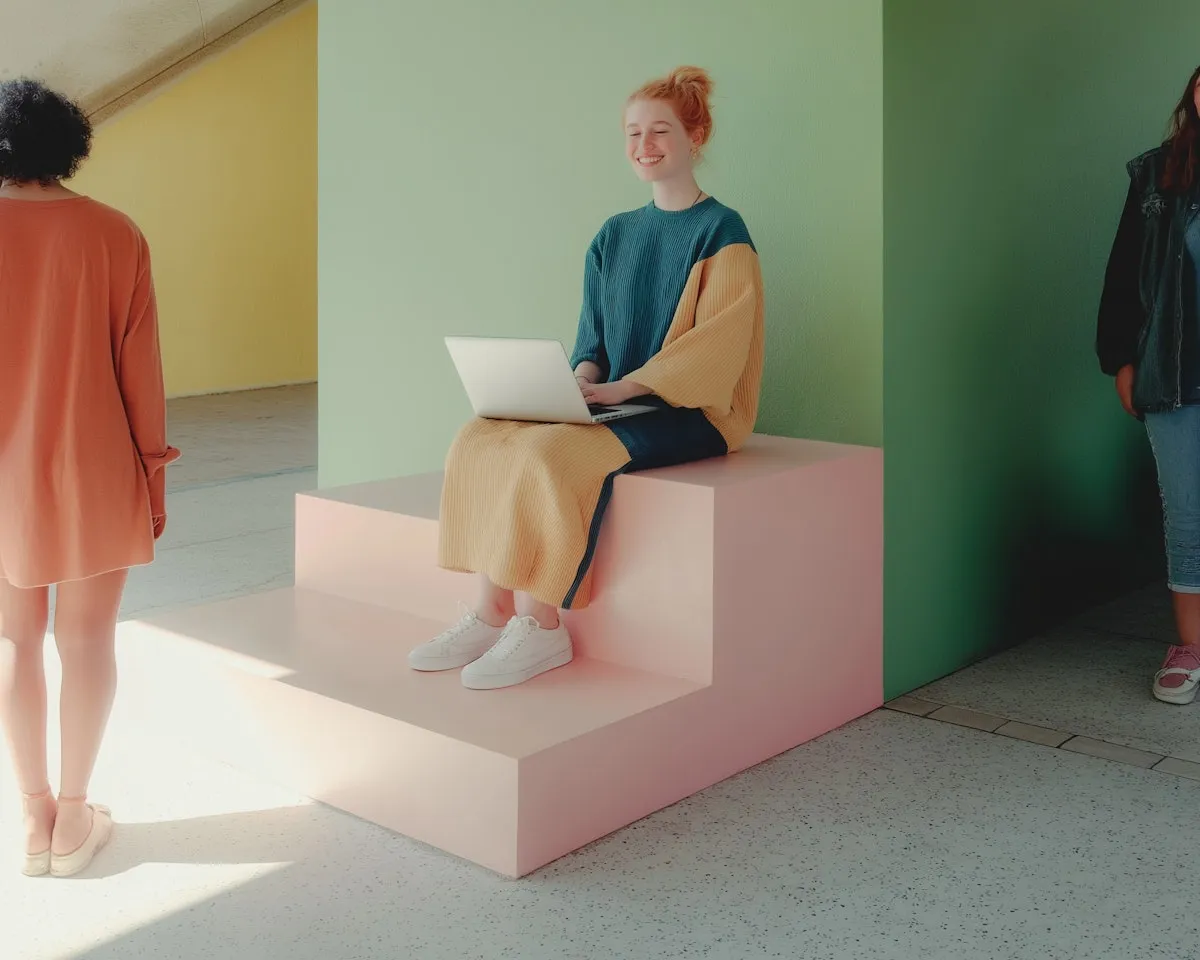 A smiling woman working on a laptop while sitting on pink concrete steps