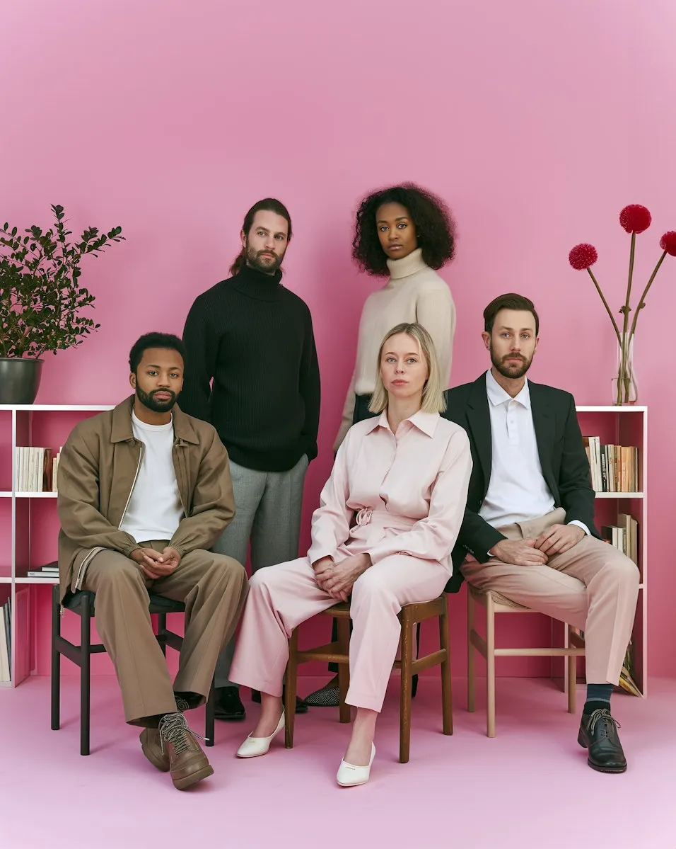 The team posing together on wooden chairs in a pink studio with bookshelves